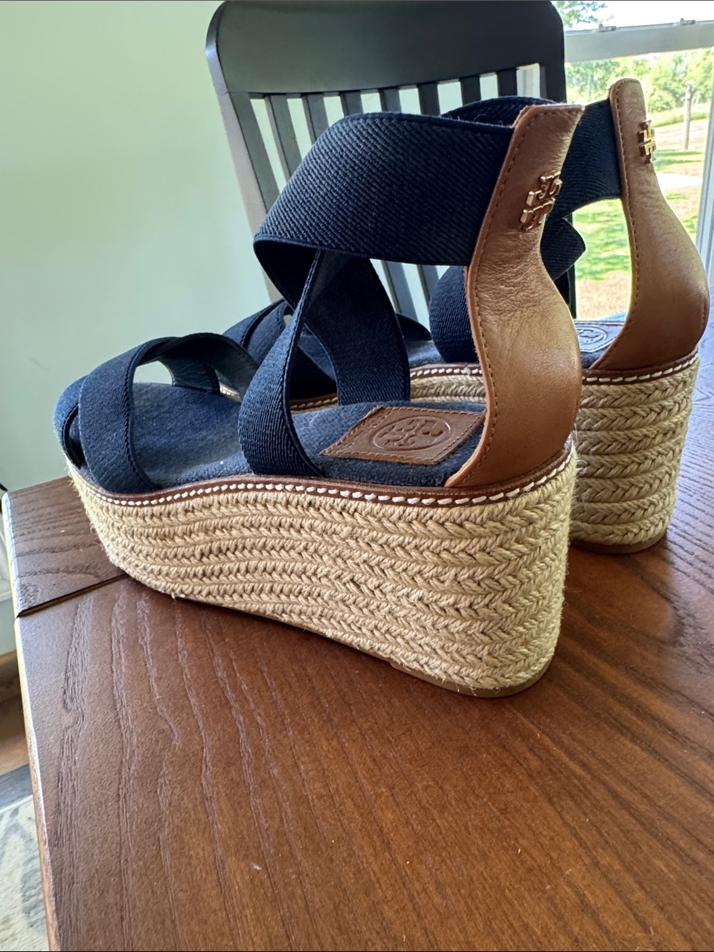 Tory Burch Navy Elastic Espadrille Wedge Sandals with Brown Heel